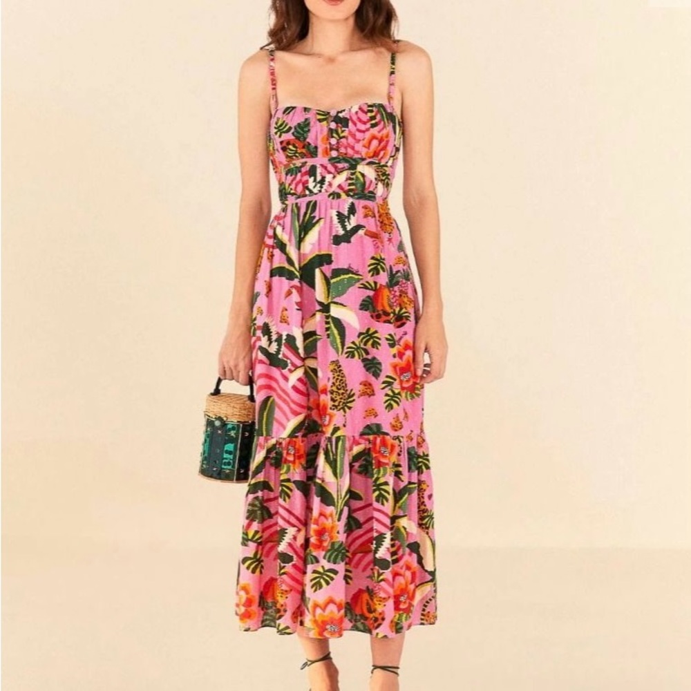 FARM Rio leopard forest tiered open back midi-dress
